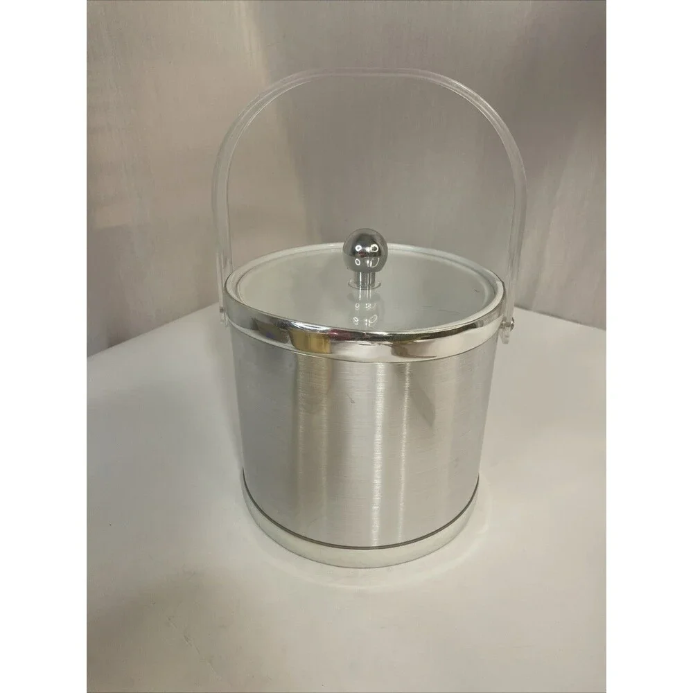 2 Vintage Gold Silver Ice Buckets Plastic, Clear Lid, Tongs Made In Taiwan